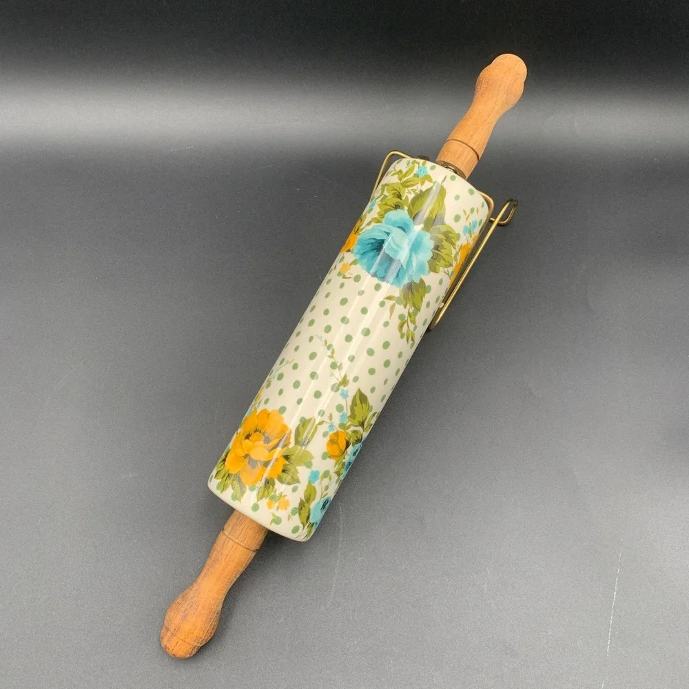 Pioneer Woman Breezy Blossom Ceramic Rolling Pin Wood Handle Floral Dots Retired